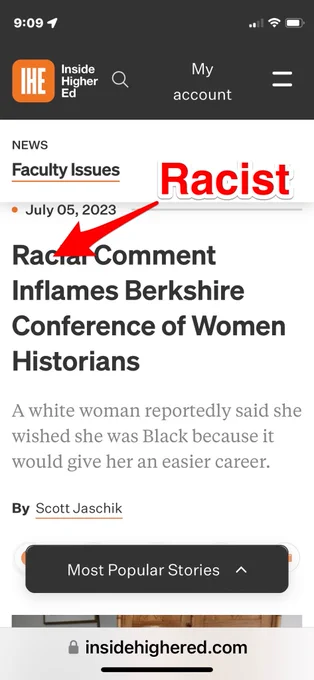 Screenshot of Inside Higher Ed headline that reads “Racial Comment Inflames Berkshire Conference of Women Historians,”overwritten with user-supplied red text replacing the word “racial” with “racist” to more accurately represent the comment that was made.