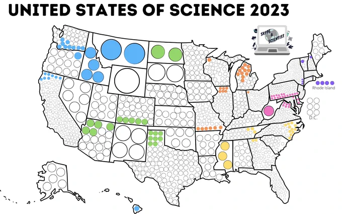 a map of the USA with states that have a bunch of empty white circles in them. Donations that have already come in for various places are marked in bright colors. Finished states include: Rhode Island, Montana, North Dakota, Mississippi, Idaho, and West Virginia