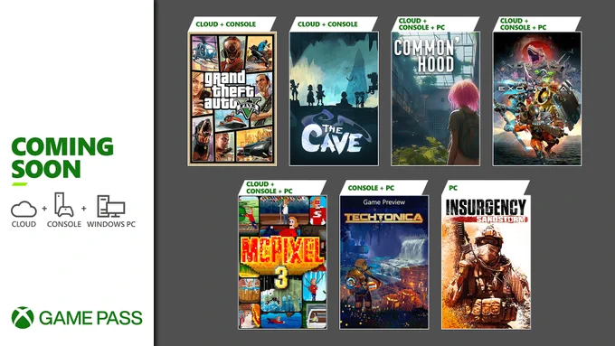 Grand Theft Auto V, The Cave, Common'hood, Exoprimal, McPixel 3, Techtonica, and Insurgency: Sandstorm arrivent bientôt dans le Xbox Game Pass.