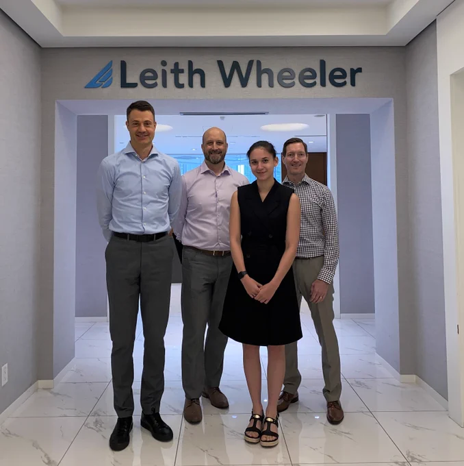 Leith Wheeler Indigenous Summer Intern 2023, Trishell Wasacase, a member of Kahkewistahaw First Nation, with Principal & Portfolio Managers Michael Job, Andrew Hoffman, and Daren Atkinson.