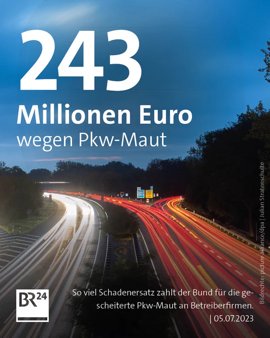 Zu sehen ist eine Autobahn.
Text
243 Millionen Euro wegen Pkw-Maut
So viel Schadenersatz zahlt der Bund für die gescheiterte Pkw-Maut an Betreiberfirmen. 