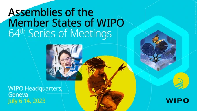 The visual shows a man playing guitar, a woman with glasses, a flower, a butterfly, and the WIPO logo. The text reads "Assemblies of the Member States of WIPO. 64th Series of Meetings. WIPO headquarters, Geneva. July 6-14, 2023.