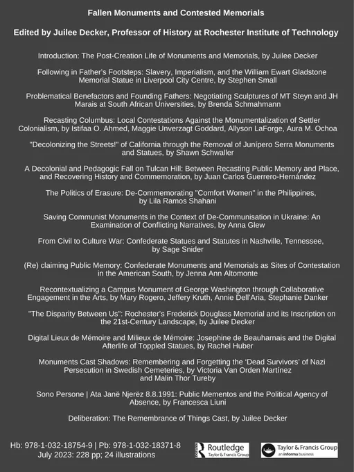https://www.routledge.com/Fallen-Monuments-and-Contested-Memorials/Decker/p/book/9781032183718s brochure with details on publication Fallen Monuments and Contested Memorials, 20% off special, details can be found here: 
