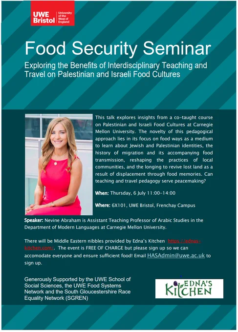This talk explores insights from a co-taught course  on Palestinian and Israeli Food Cultures at Carnegie  Mellon University. The novelty of this pedagogical  approach lies in its focus on food ways as a medium  to learn about Jewish and Palestinian identities, the  history of migration and its accompanying food  transmission, reshaping the practices of local  communities, and the longing to revive lost land as a  result of displacement through food memories. Can teaching and travel pedagogy serve peacemaking? 