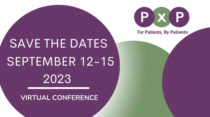 Large purple and green circles on image. Text reads: Save the dates. September 12-15, 2023. Virtual conference.