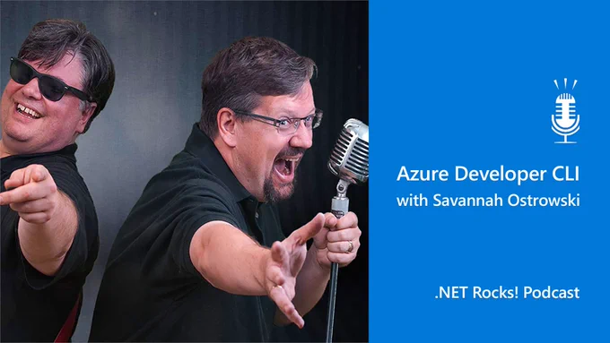 Image showing the .NET Rocks Podcast title slide on the left and the show hosts playfully holding microphones on the right.