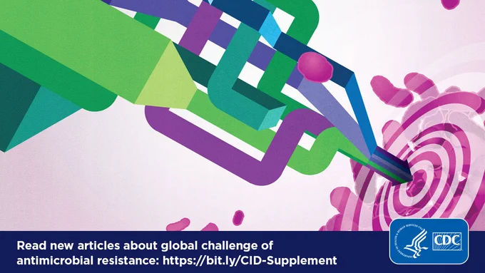 Abstract image of purple, green, blue and pink lines hitting a pink germ target. Text reads: Read new articles about global challenge of antimicrobial resistance: https://bit.ly/CID-Supplement