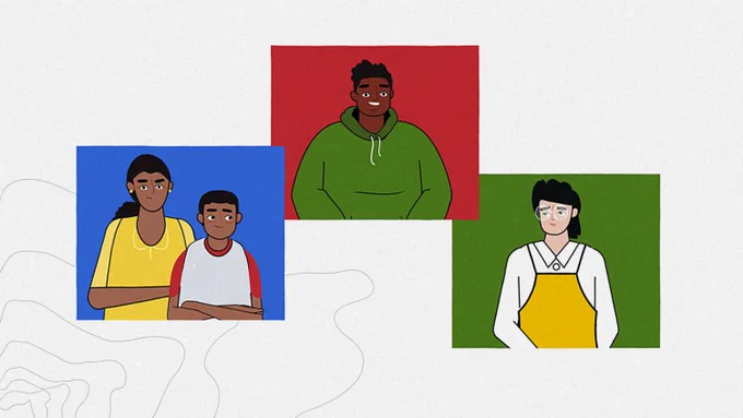 An illustration depicting four people from various backgrounds, a mother and her teenager, a restaurant worker, and a person with an ambiguous profession. 