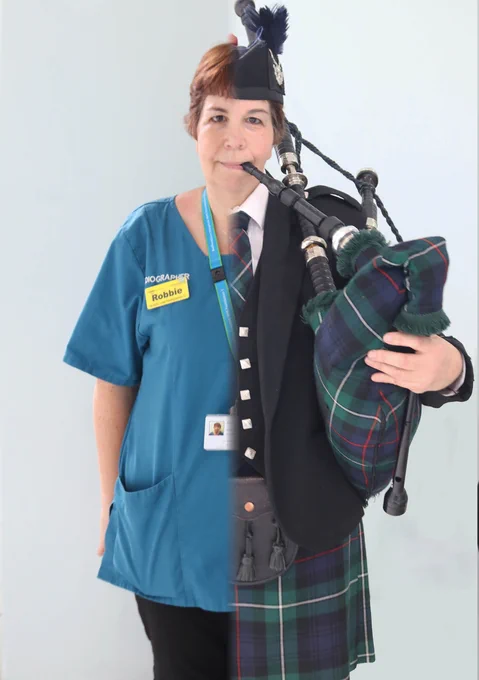 Blended photo of Robbie, half in uniform and half with bagpipes