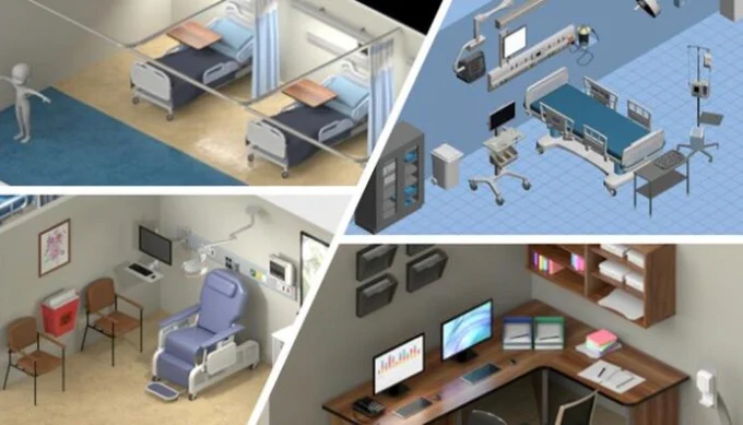 This collage shows images of medical rooms including an examination room with a chair, an office with a desk and hospital beds. 