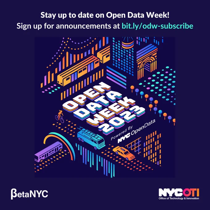 A dark purple promotional background with text that reads "Stay up to date on Open Data Week! Sign up for announcements at bit.ly/odw-subscribe." The image contains the text "Open Data Week 2023" along with a skyline and various multicolored transit vehicles.