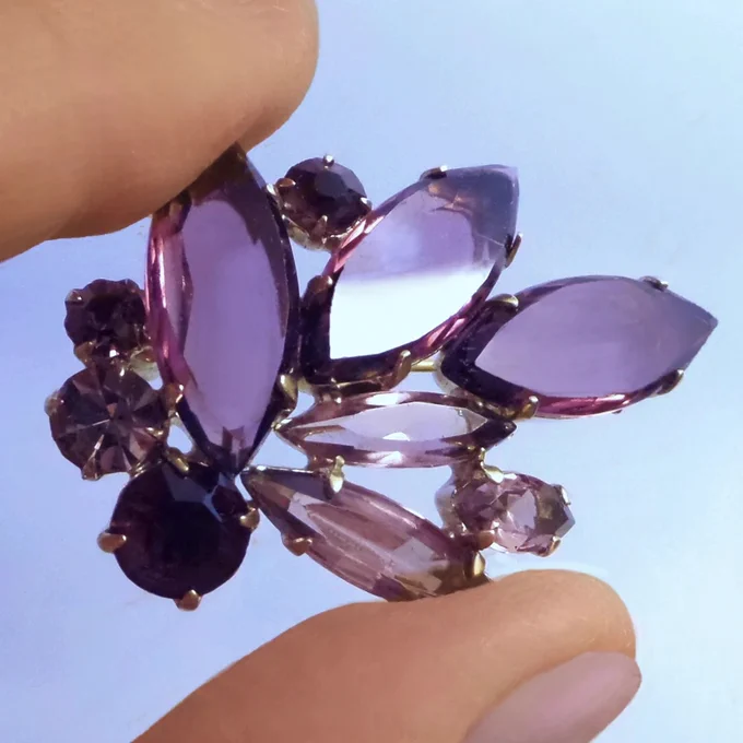 Vintage Czechoslovakia Glass Floral BROOCH, Purple Pink Crystal Navette Pin, Women's SIGNED Czech Jewelry
