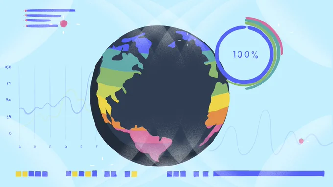A globe where the countries are colored in rainbow stripes. Around the globe are sketches of data visualizations like a bar graph and line chart. Rings, reminiscent of a fitness tracker, are partially completed are on their way to a 100% mark. 