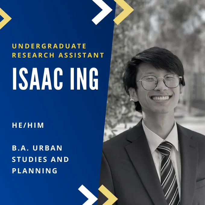 Isaac Ing is an Undergraduate Research Assistant for the MAP Project Stream 1 (SFU Stream): Navigation and Pedestrian Environment Accessibility, the SWAN project. He is currently pursuing his Bachelor of Arts in Urban Studies and Planning from the University of California San Diego.