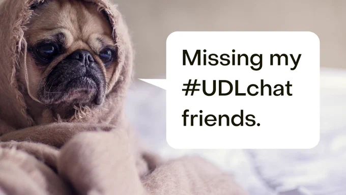 A pug wrapped up in a blanket looking forlorn, speech bubble: Missing my #UDLchat friends."