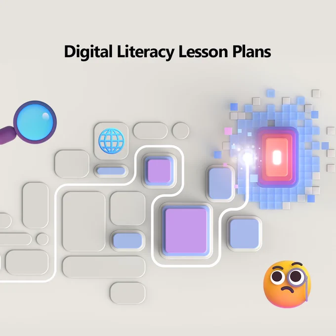 Headline reads Digital Literacy Lesson Plans:
Along with an image of 3D squares and lines in the style of a motherboard