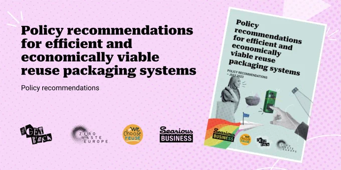 Visual with cover from the new ZWE paper "Policy recommendations for efficient and economically viable reuse packaging systems".