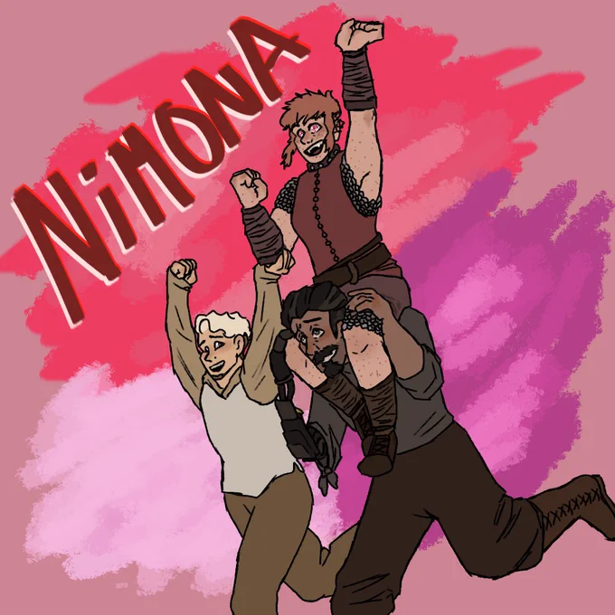 Nimona is on Ballister's shoulders, punching a fist into the air and smiling. Ballister is holding onto Nimona, smiling and running. Ambrosius is supporting Nimona's hand that isn't as high in the sky, with his other punching the air as well, running alongside.