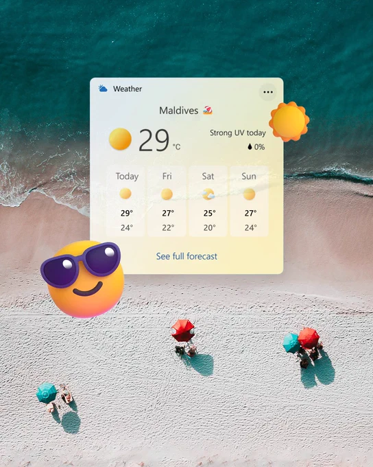 An image of a beach and the weather widget showing temperature and future weather conditons.