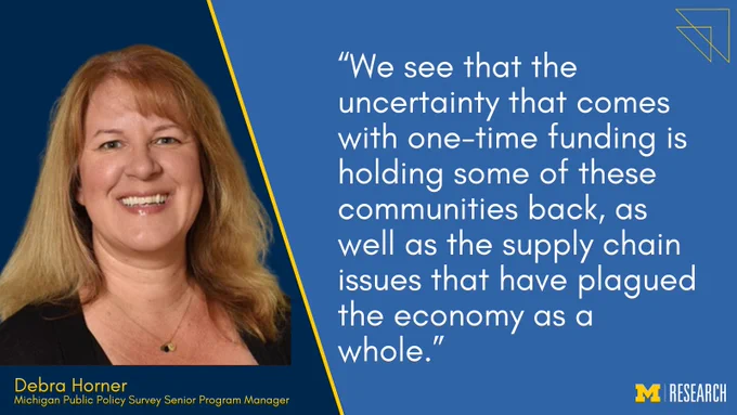 text: “We see that the uncertainty that comes with one-time funding is holding some of these communities back, as well as the supply chain issues that have plagued the economy as a whole.”
Debra Horner
Michigan Public Policy Survey Senior Program Manager