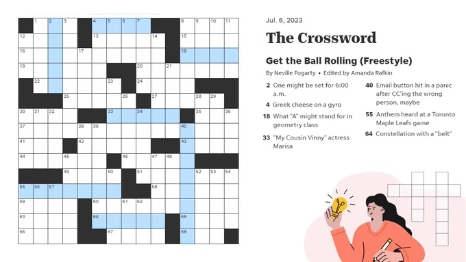 A crossword grid with seven highlighted blank entries. The clues are:
One might be set for 6:00 a.m. (5 letters)
Greek cheese on a gyro (4 letters)
What "A" might stand for in geometry class (4 letters)
"My Cousin Vinny" actress Marisa (5 letters)
Email button hit in a panic after CC'ing the wrong person, maybe (8 letters)
Anthem heard at a Toronto Maple Leafs games (7 letters)
Constellation with a "belt" (5 letters)

The puzzle is titled "Get the Ball Rolling (Freestyle)." It was constructed by Neville Fogarty and edited by Amanda Rafkin.