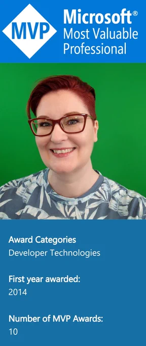 Jessica's mvp profile picture with Award category: Developer Technologies, First year awarded: 2014, Number of MVP Awards 10