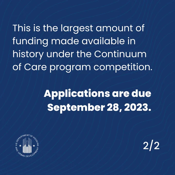 This is the largest amount of funding made available in history under the Continuum of Care program competition.

Applications are due September 28, 2023.