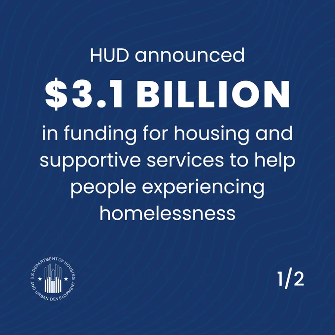 HUD announced $3.1 billion in funding for housing and supportive services to help people experiencing homelessness.
