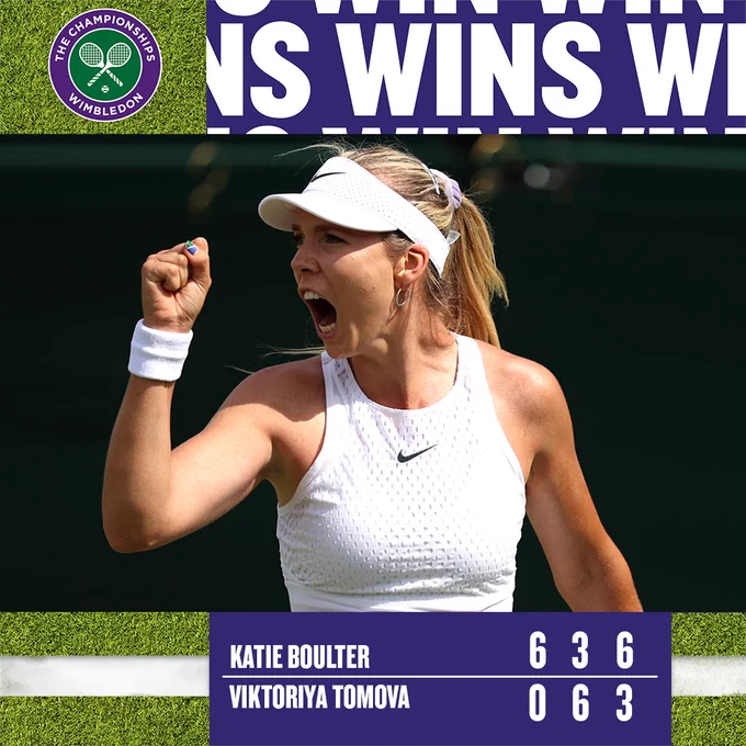 Graphic showing Wimbledon result – Katie Boulter beats Viktoriya Tomova