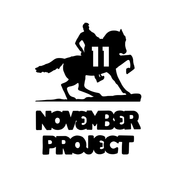 11th annual November Project Summit logo featuring an outline of Richmond, VA stature "Rumors of War" with overlayed number 11, stacked on top of November Project logo in its recognizable bubble font. 