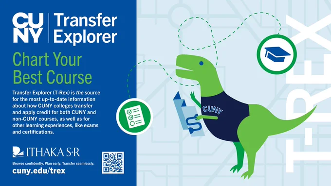On the right, graphic of T-Rex logo. On the left, CUNY Transfer Explorer and Ithaka S R logos with the text "Chart Your Best Course. Transfer Explorer (T-Rex) is the source for the most up-to-date information about how CUNY colleges transfer and apply credit for both CUNY and non-CUNY courses, as well as for other learning experiences, like exams and certifications." 