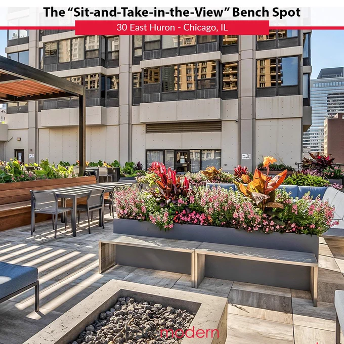 Bench Spot Elevated by Beautiful Planters in an Outdoor Setting | PureModern