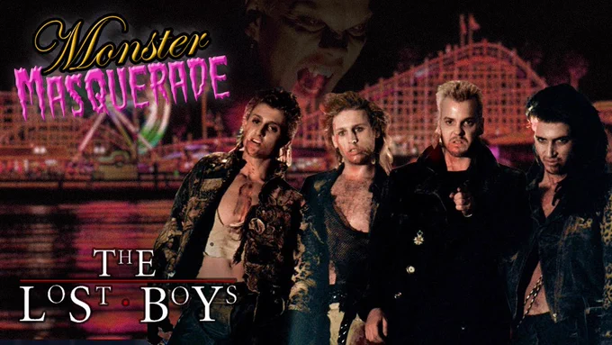 thumbnail for the lost boys monster masquerade episode. it features the four vampires in front of a boardwalk