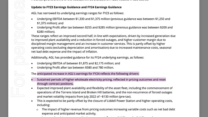 Screencap of recent AGL ASX announcement about increasing profit forecasts. Expected profits are 255 to 285 million dollars in 2023 and 580 to 780 million dollars in 2024. The highlighted text says "The anticipated increase in AGL's earnings reflects sustained periods of higher wholesale energy pricing". 