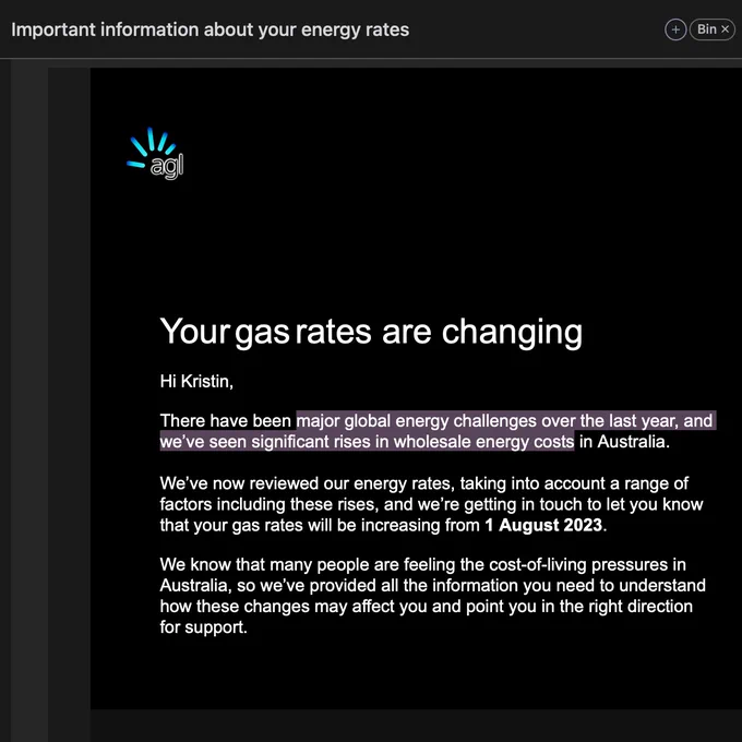 Email from AGL informing me of increasing gas prices. The highlighted text says "There have been major global energy challenges over the last year and we've seen significant rises in wholesale energy costs." 