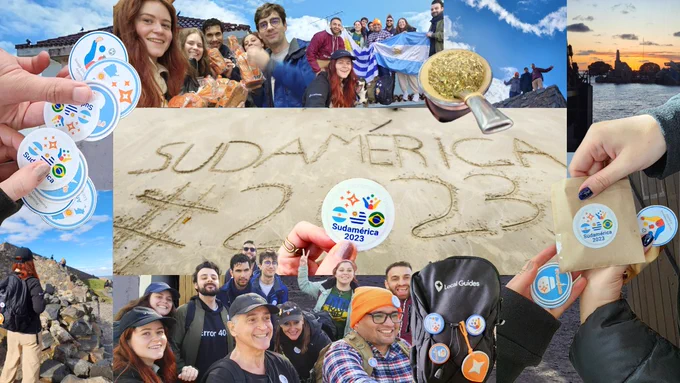 a collage of lots of photos of the meetup inclusing group photos, mate, stickers, and in the middle the text #Sudamerica2023 written in sand