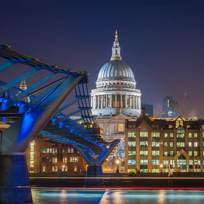 A night time view of St Paul's Cathedral.