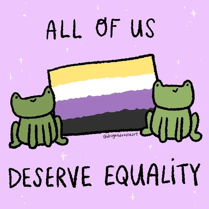 Picture of 2 illustrated frogs on either side of the non-binary pride flag, with the caption "All of us deserve equality"