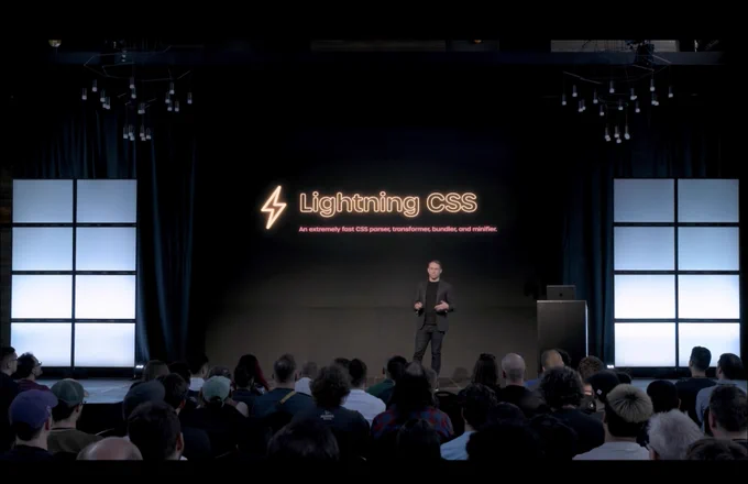 Screenshot of the Tailwind Connect keynote video showing the Lightning CSS logo