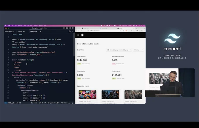 Screenshot of the Tailwind Connect keynote video showing a code snippet of a Dialog component built with React Aria Components and Framer Motion