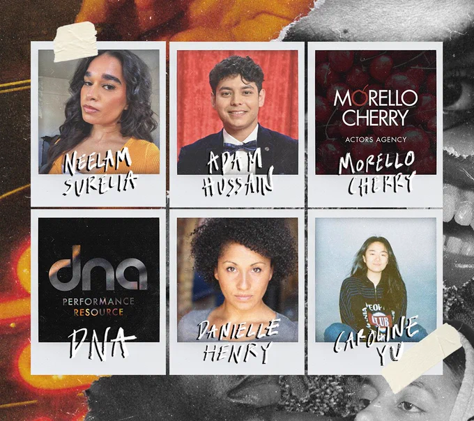 Several polaroids of Neelam, Adam,
Morello Cherry logo, DNA logo, Danielle
and Caroline. Text in white reads: NEELAM
SURELIÀ, ADAM HUSSAIN, MORELLO
CHERRY, DNA, DANIELLE HENRY and
CAROLINE YU. In the background a collage
of photos of people.