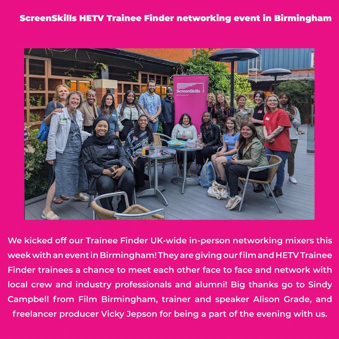We kicked off our Trainee Finder UK-wide in-person networking mixers this week with an event in Birmingham! They are giving our film and HETV Trainee Finder trainees a chance to meet each other face to face and network with local crew and industry professionals and alumni! Big thanks go to Sindy Campbell from Film Birmingham, trainer and speaker Alison Grade, and freelancer producer Vicky Jepson for being a part of the evening with us.
