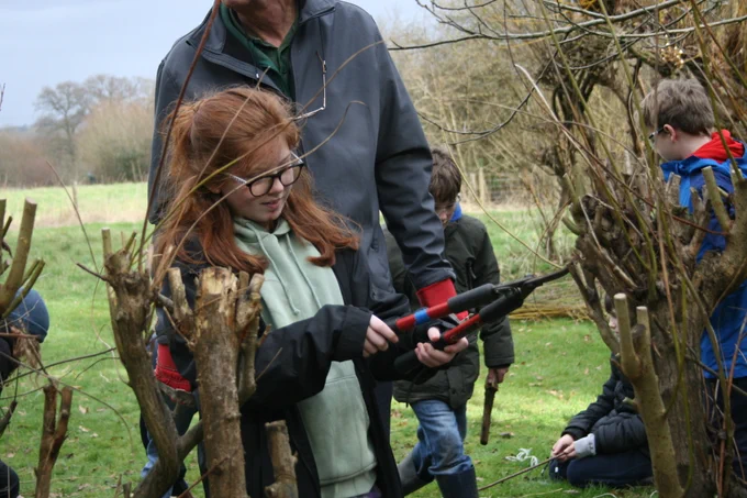 A teenage girl with red hair and glasses cutting a small branch of a tree.