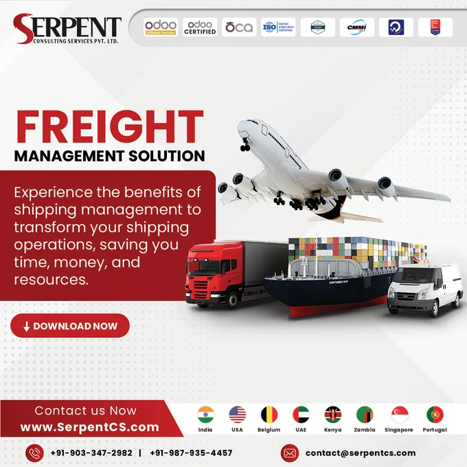 🚚 𝗙𝗿𝗲𝗶𝗴𝗵𝘁 𝗺𝗮𝗻𝗮𝗴𝗲𝗺𝗲𝗻𝘁: 𝗗𝗼𝗻'𝘁 𝘄𝗼𝗿𝗿𝘆 𝗮𝗯𝗼𝘂𝘁 𝘀𝗵𝗶𝗽𝗽𝗶𝗻𝗴 𝗼𝗽𝗲𝗿𝗮𝘁𝗶𝗼𝗻𝘀.

Our shipping management service priorities convenience and aims to be as smooth as possible. Using the freight app, you can simplify your shipping operations, eliminating unnecessary complexities. Whether you're a small business owner or a large enterprise, our solution is tailored to meet your specific needs

🛒 Buy Now:
https://bit.ly/app-freight-management-v16

⏯ Demo Video: 
https://bit.ly/ytube-freight-management-software

📙 Download Free user-guide:
https://bit.ly/user-guide-freight-management-solution

✉️ For any query: 
contact@serpentcs.com

#Freight #LogisticsManagement #LogisticsSolution #SupplyChain #Shipping #TransportationManagement #Odooinventory #InventoryManagement #WarehousingSolutions #BusinessSoftware #OdooExperts #Odoo16 #OdooApps #OdooERP #ERPSoftware #SerpentCS