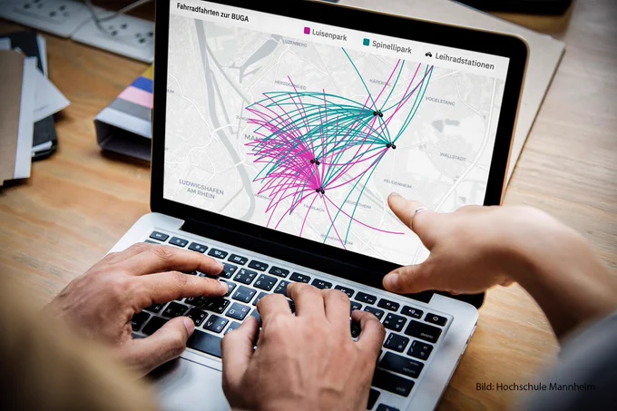 Leihrräder von und zur Buga werden als Flow Map dargestellt. (Quelle: Hochschule Mannheim)