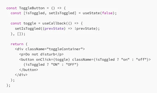 Code in React that shows how to create a toggle switch with the <button> HTML tag