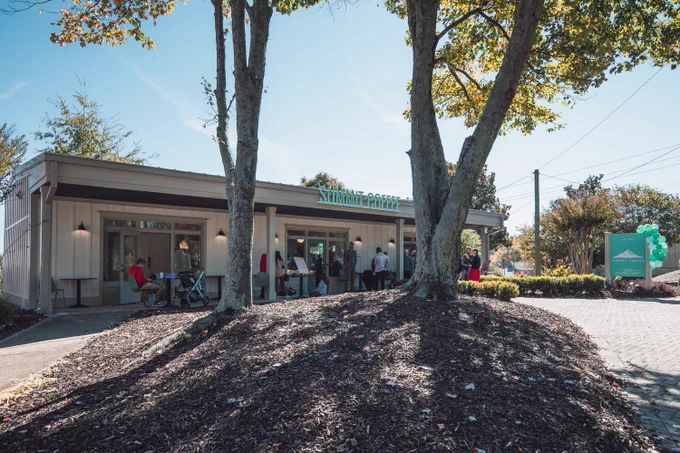 An outdoor view of Summit Coffee’s location in Roswell, Georgia with customers sitting outside. It’s a nice day outside with blue skies.