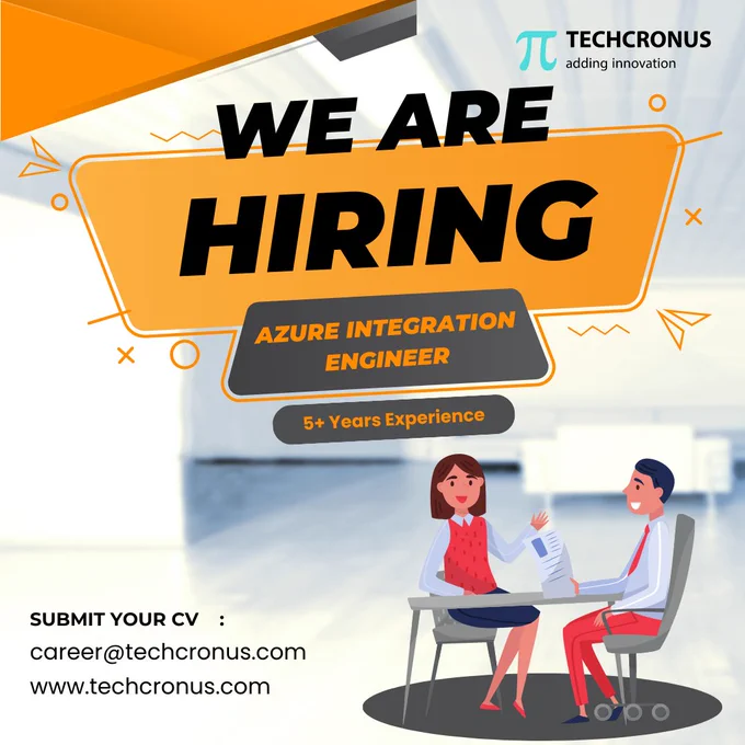 🌟 Hello connection! We're Hiring!🌟

#Techcronus is #Hiring below Profiles for #Ahmedabad Location

🔎 𝗖𝘂𝗿𝗿𝗲𝗻𝘁 𝗢𝗽𝗲𝗻𝗶𝗻𝗴𝘀
Azure Integration Engineer 5  Years

Work from Office Only. ( #Ahmedabad )

Benefits -

• 5-days working
• Creative Work Environment
• Future Forward Technologies
• Fast-track Career Growth
• Interaction with Global Clientele
• State of the Art Infrastructure in the heart of city (Nehrunagar, Ahmedabad)
• Fun thrilled activities & great work-life balance
• Rewards & Recognitions to Performer.

👉 Interested to know more, share your CV at career@techcronus.com

#hiring #recruitment #job #recruiting #hiringnow #jobopening #jobhunt #jobseeker #applynow #jobopportunity #jobsearching #recruiter #jobvacancy #wearehiring #jobinterview #techcronus #azureengineer #azurecloudengineer #azureintegration