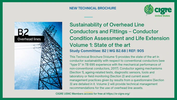 Title: Sustainability of overhead line conductors and fittings – Conductor condition assessment and life extension Volume 1: State of the art
Description: This Technical Brochure (Volume 1) provides the state of the art in conductor sustainability with respect to conventional conductors (see “type 0” in TB 695 experience with the mechanical performance of non-conventional conductors, 2017). Conductor ageing mechanisms (Section 1), aging-related tests, diagnostic sensors, tools 
 and laboratory or field monitoring (Section 2), and current asset management practices given by results from a questionnaire (Section 3) are detailed in it. Volume 2 will provide technical management recommendations for the use of overhead line assets.