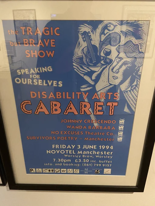 Blue disability arts cabaret poster with drawing of a waiter carrying some wine and a guitar. The poster has the subtitle “the Tragic but Brave Show- speaking for ourselves”